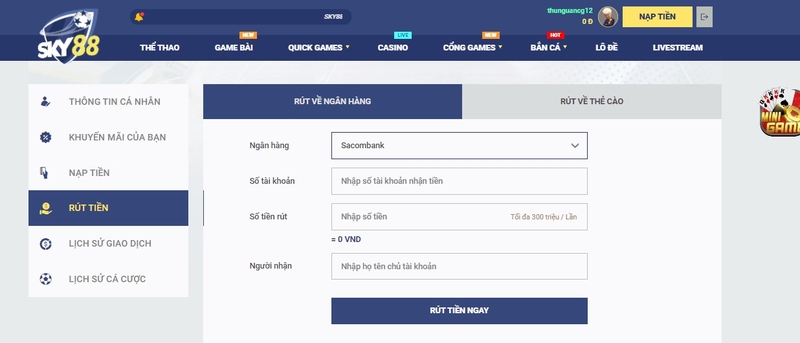 Cách rút tiền Sky88 về tài khoản ngân hàng